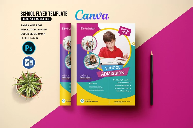 School Admission Flyer, MS Word, Photoshop & Canva Template