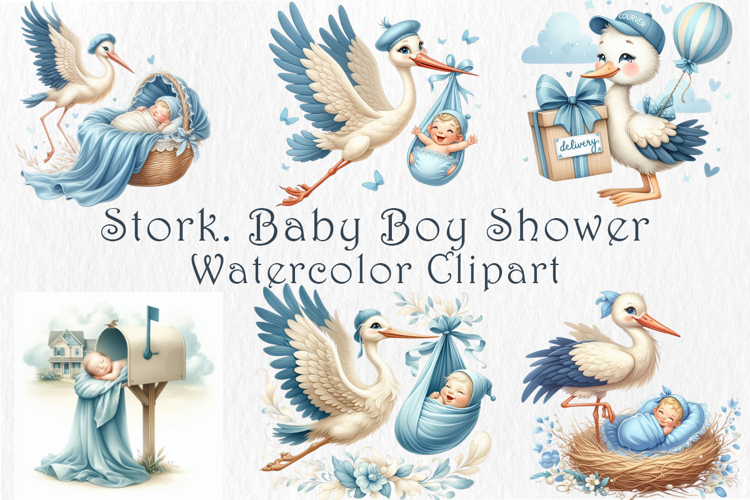 Stork and Baby Boy Shower Clipart, 25 PNG