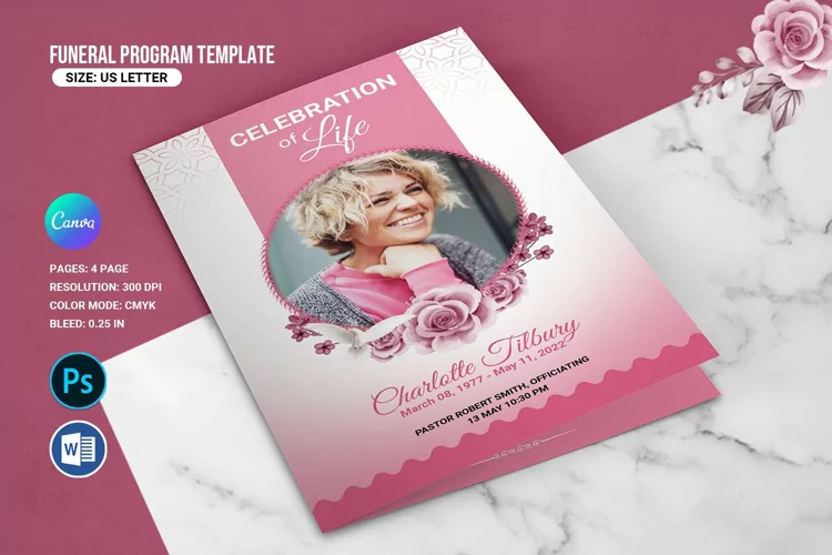 Elegant Floral Funeral Program Template, Word, Psd & Canva