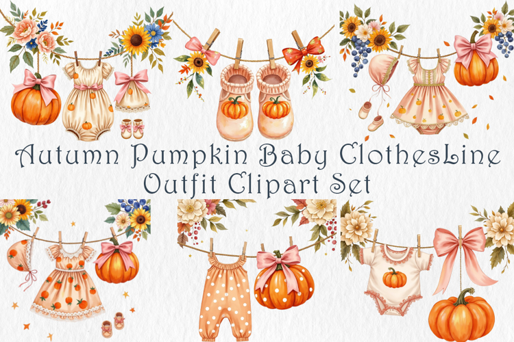 Autumn Pumpkin Baby Clothesline Clipart, 30 png