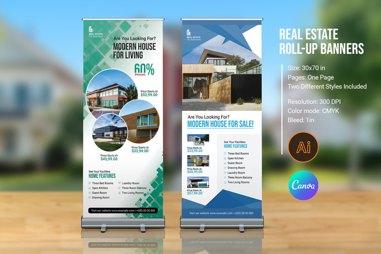 Real Estate Roll Up Banner Template, Illustrator & Canva