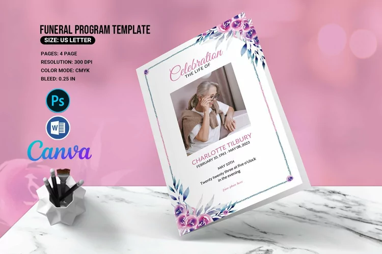 Floral Funeral Program Template. Word, Photoshop & Canva