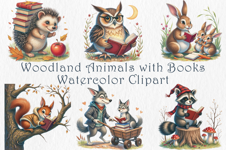 Woodland Animals with Books Clipart, 20 png