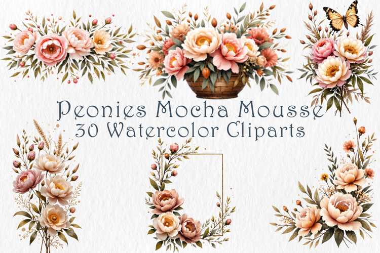Watercolor Peonies Mocha Mousse, 30 png Clipart