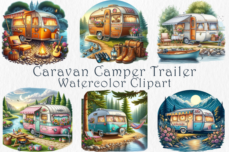 Watercolor Camper Trailer Clipart, 20 png