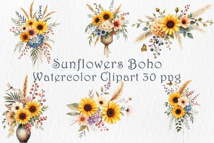 Sunflower Boho Clipart Bundle 30 PNG.