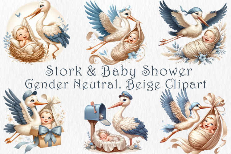 Stork and Baby Shower Clipart Bundle, 17 png