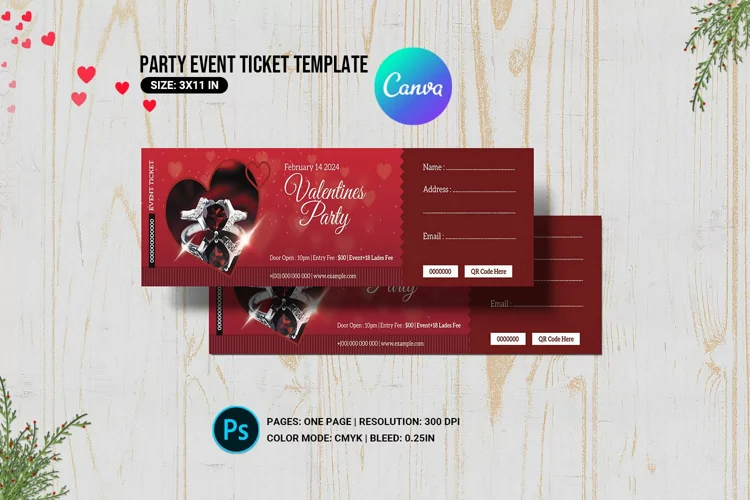 Valentines Day Party Ticket. Photoshop & Canva