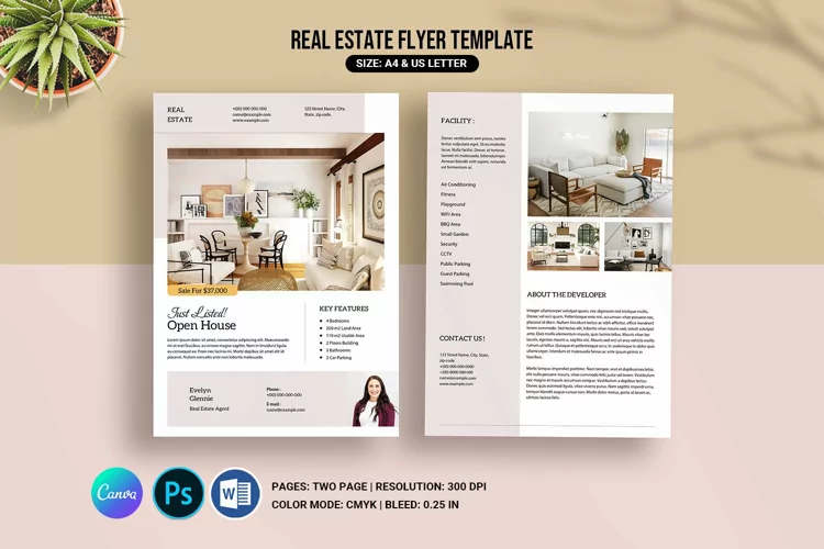 Real Estate Flyer Template. Ms Word ,Photoshop and Canva