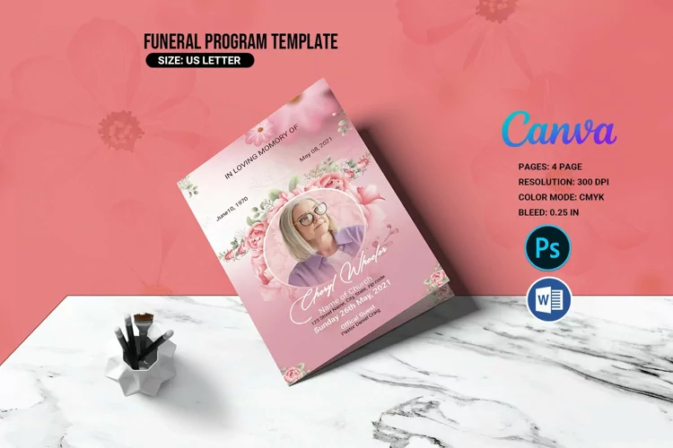 Pink Floral Funeral Program Template. Canva