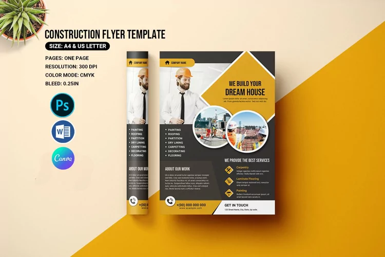 Construction Company Flyer Template. Word, Psd & Canva