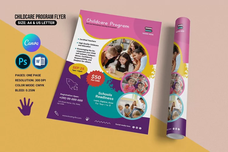Child Care Program Flyer Template. Canva, Ms Word and Psd
