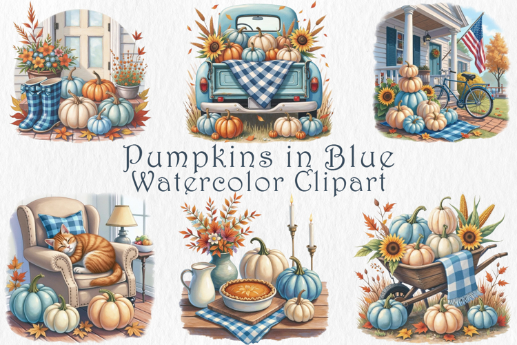 Blue Pumpkin Cottage Clipart Set, 25 PNG