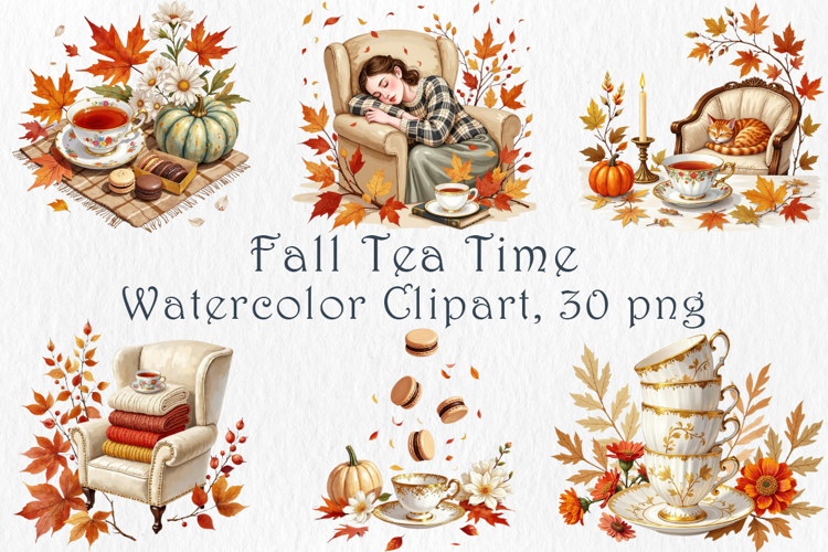 Fall Tea Time Clipart Set, 30 PNG