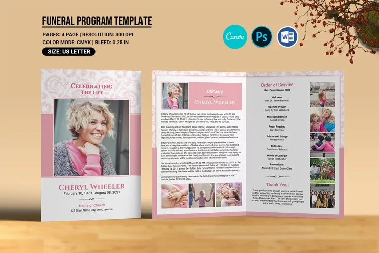 Elegant Floral Funeral Program Template, Canva, Word & Psd T