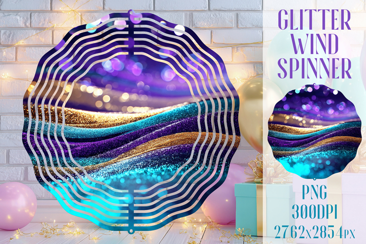 Glitter Wind Spinner Sublimation. Teal Violet Golden Waves