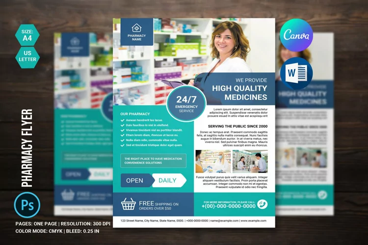 Pharmacy Flyer Template, Canva, Ms Word and Photoshop