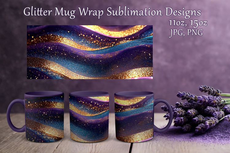 Glitter Mug Sublimation|Violet Blue Waves Design Cup Wrap