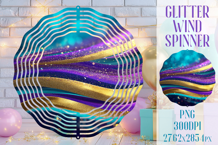 Glitter Wind Spinner Sublimation. Teal Violet Golden Waves example image 1