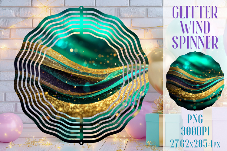 Glitter Wind Spinner Sublimation. Emerald Gold Waves Spinner