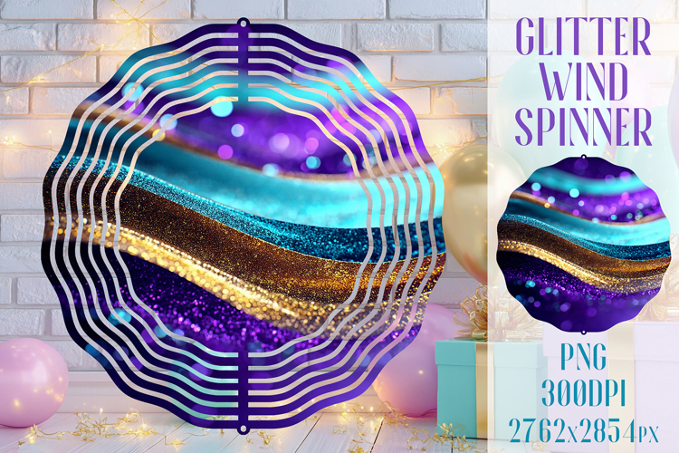 Glitter Wind Spinner Sublimation. Teal Violet Golden Waves