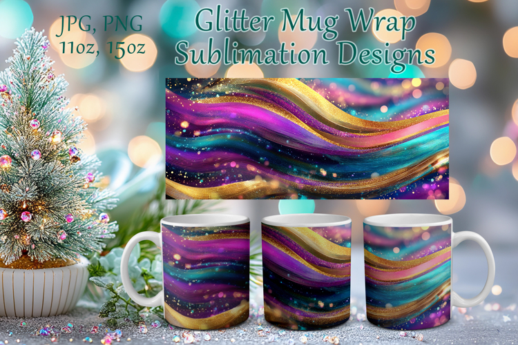 Glitter Mug Sublimation|Pink Blue Gold Waves Design Cup Wrap