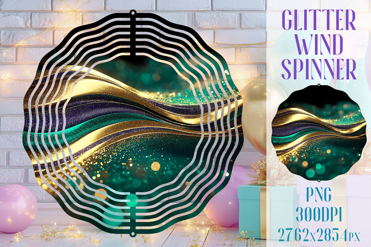 Glitter Wind Spinner Sublimation. Emerald Gold Waves Spinner