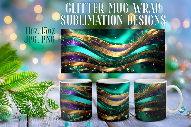 Glitter Mug Sublimation | Emerald Gold Waves Design Cup Wrap