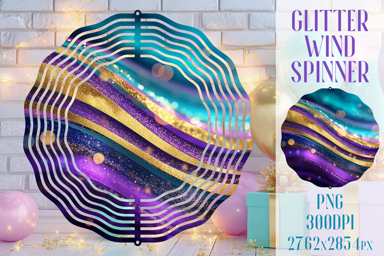 Glitter Wind Spinner Sublimation. Teal Violet Golden Waves example image 1