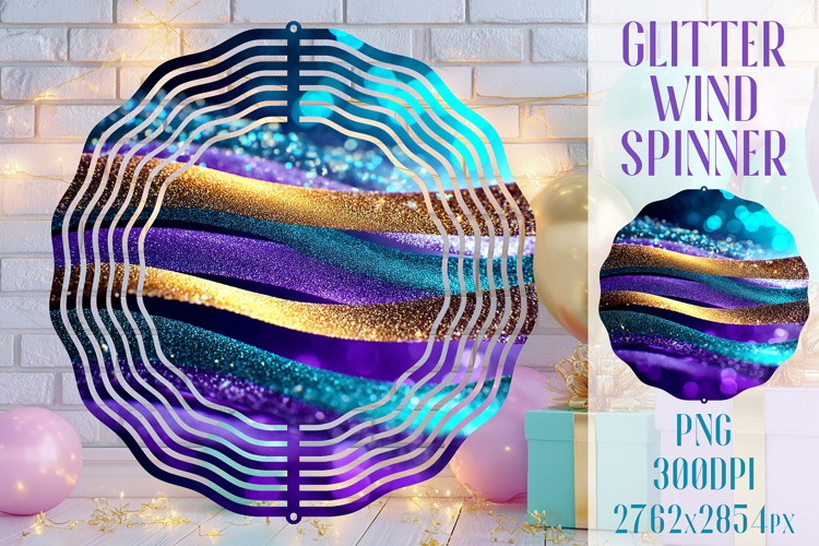 Glitter Wind Spinner Sublimation. Teal Violet Golden Waves