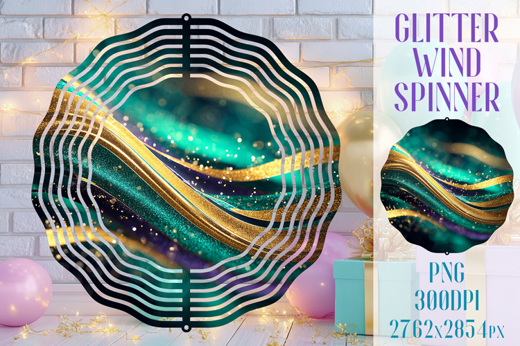 Glitter Wind Spinner Sublimation. Emerald Gold Waves Spinner