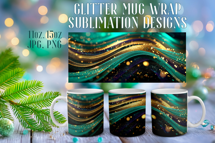 Glitter Mug Sublimation | Emerald Gold Waves Design Cup Wrap