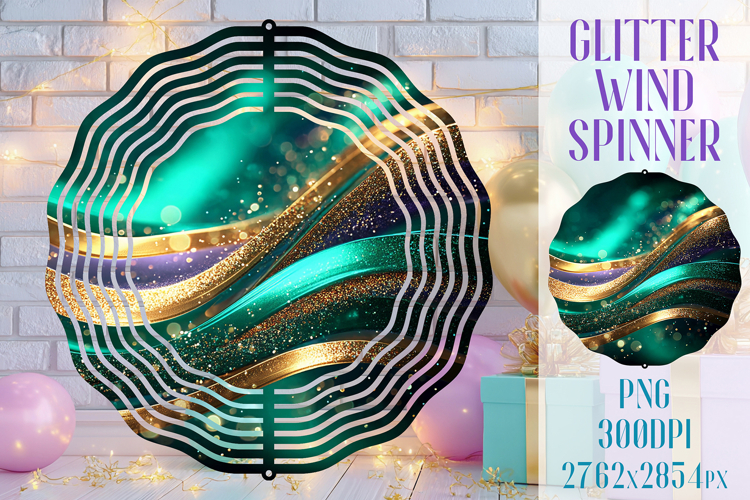 Glitter Wind Spinner Sublimation. Emerald Gold Waves Spinner