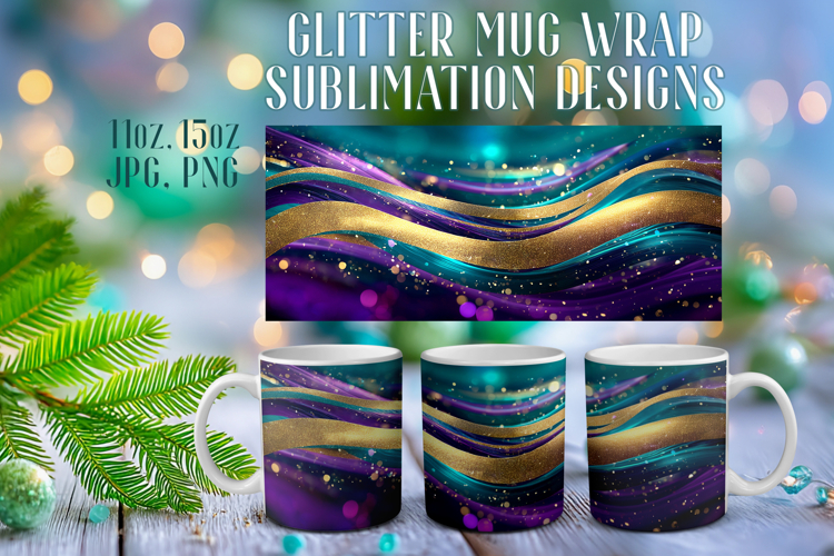 Glitter Mug Sublimation | Teal Gold Waves Design Cup Wrap