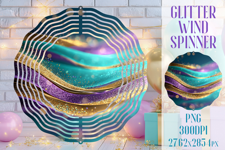 Glitter Wind Spinner Sublimation. Teal Violet Golden Waves example image 1
