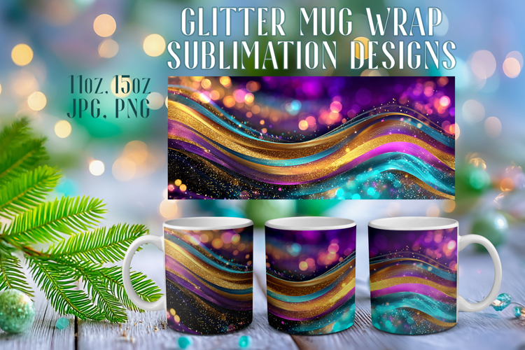Glitter Mug Sublimation: Colorful Gold Waves Design Cup Wrap