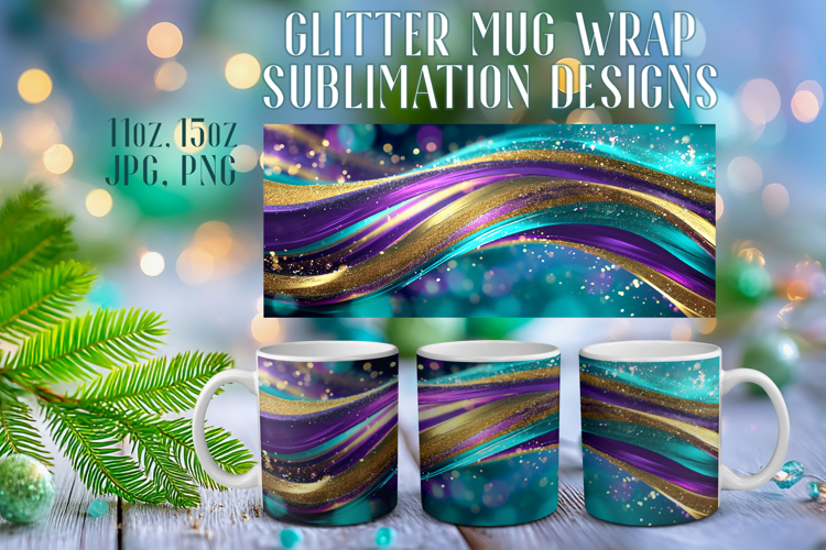 Glitter Mug Sublimation | Teal Gold Waves Design Cup Wrap