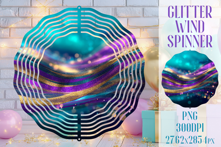 Glitter Wind Spinner Sublimation. Teal Violet Golden Waves