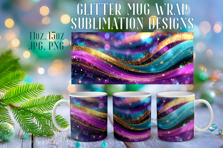Glitter Mug Sublimation: Colorful Gold Waves Design Cup Wrap