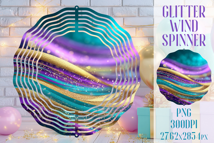 Glitter Wind Spinner Sublimation. Teal Violet Golden Waves example image 1