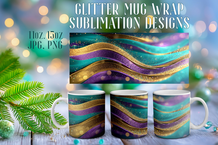 Glitter Mug Sublimation | Teal Gold Waves Design Cup Wrap