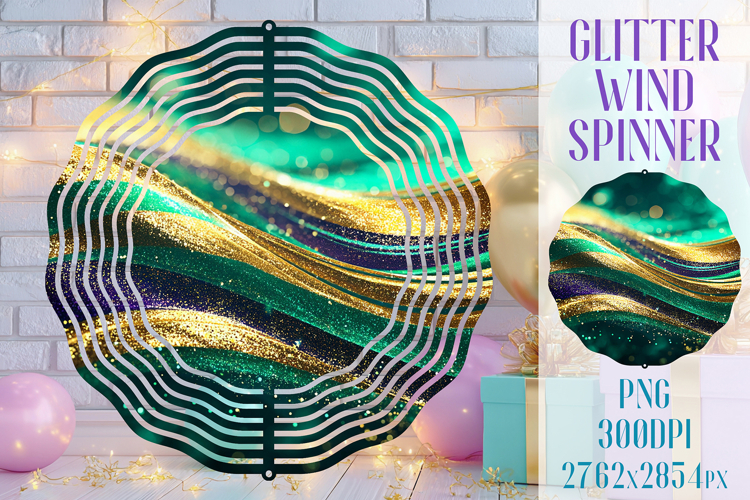 Glitter Wind Spinner Sublimation. Emerald Gold Waves Spinner