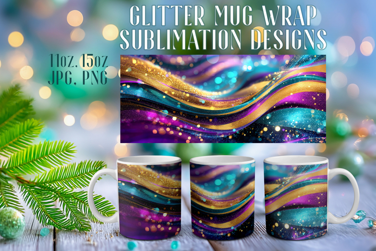 Glitter Mug Sublimation: Colorful Gold Waves Design Cup Wrap