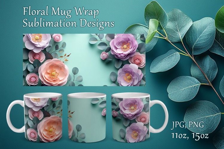 Floral Mug Design Sublimation, Paper Flowers Mug Cup Wrap