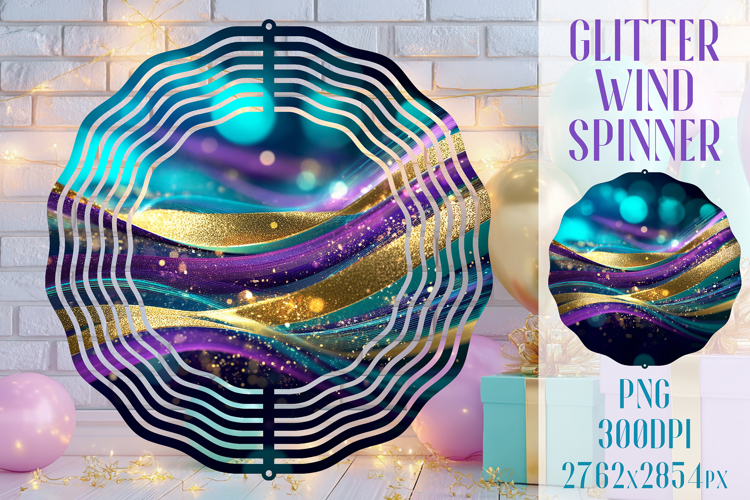 Glitter Wind Spinner Sublimation. Teal Violet Golden Waves
