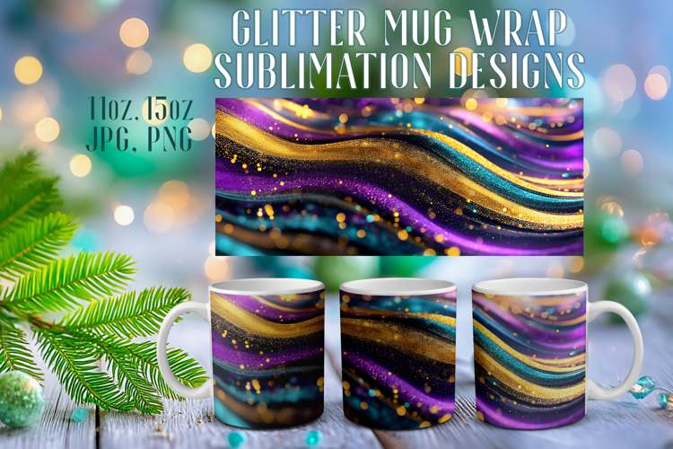 Glitter Mug Sublimation: Colorful Gold Waves Design Cup Wrap