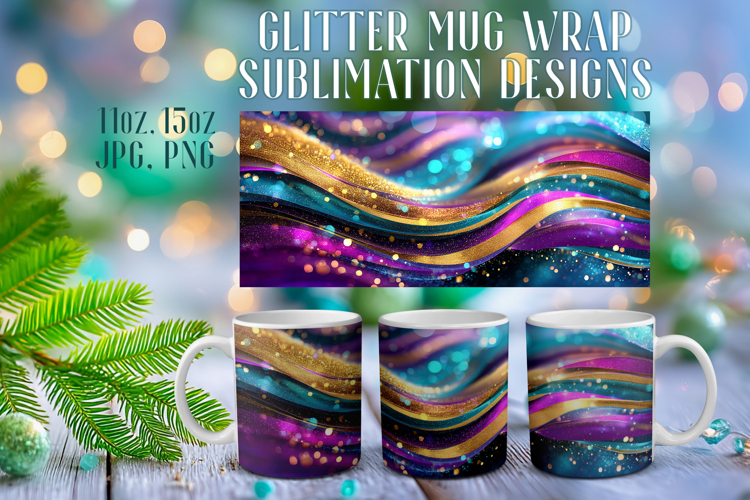 Glitter Mug Sublimation |Colorful Gold Waves Design Cup Wrap