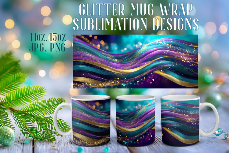 Glitter Mug Sublimation | Teal Gold Waves Design Cup Wrap