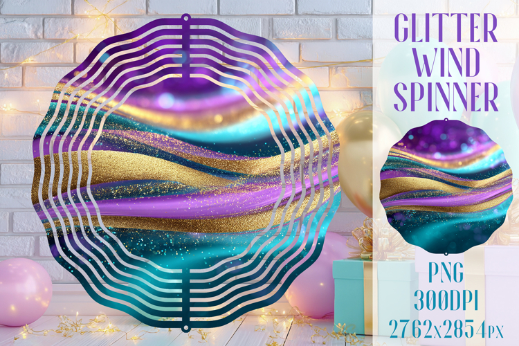 Glitter Wind Spinner Sublimation. Teal Violet Golden Waves example image 1