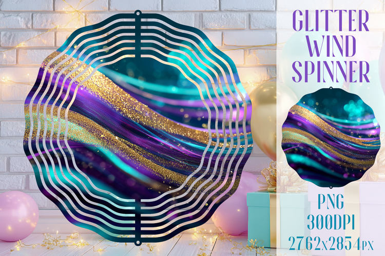 Glitter Wind Spinner Sublimation. Teal Violet Golden Waves
